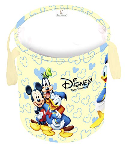 Image of Kuber Industries Disney Team Mickey Round Non Wovan Laundry Basket with Lid & Handles|Collapsibal Material|Durable Stiched Handles|Size 37 x 37 x 47 CM |Capicity 45 LTR (Cream)-KUBMART12049