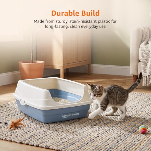 Image of Amazon Basics Premium Cat Litter Tray | Sapcious Open Entry Cat Litter Box | Easy Access & Cleaning Design | Blue + White | 49 x 39 x 18 cm | Suitable for Kittens & Cats