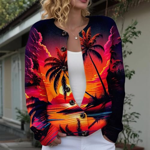 Women's Novel Graphic Print Button Down Cardigan Sweater Fall Winter Long Sleeve Lightweight Knit Sweaters2