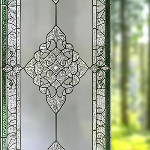 Image of Nuxovilar Sparkle Green Edged Vintage Pattern Window Film 17.7x39.4 PVC | Green Edged, Vintage Cling geometric pattern sticker, classic glass wrap for living room bedroom study (Vintage)