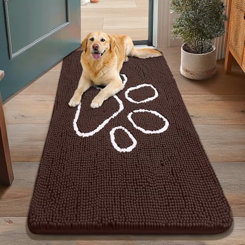 Image of Smiry Dog Door Mat for Muddy Paws, Absorbent Dirt Trapper Non Slip Quick Dry Washable Chenille Mat for Mud Dogs, Entry Rug for Indoor and Outdoor (48x30 Inches, Brown and White)