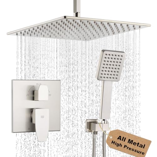 POP SANITARYWARE 12 Inch Ceiling Mount Shower Faucet Set Brushed Nickel Ceiling Rainfall Shower Head and Handle Set Bathroom Rain Shower System Include Shower Valve and Trim Kit