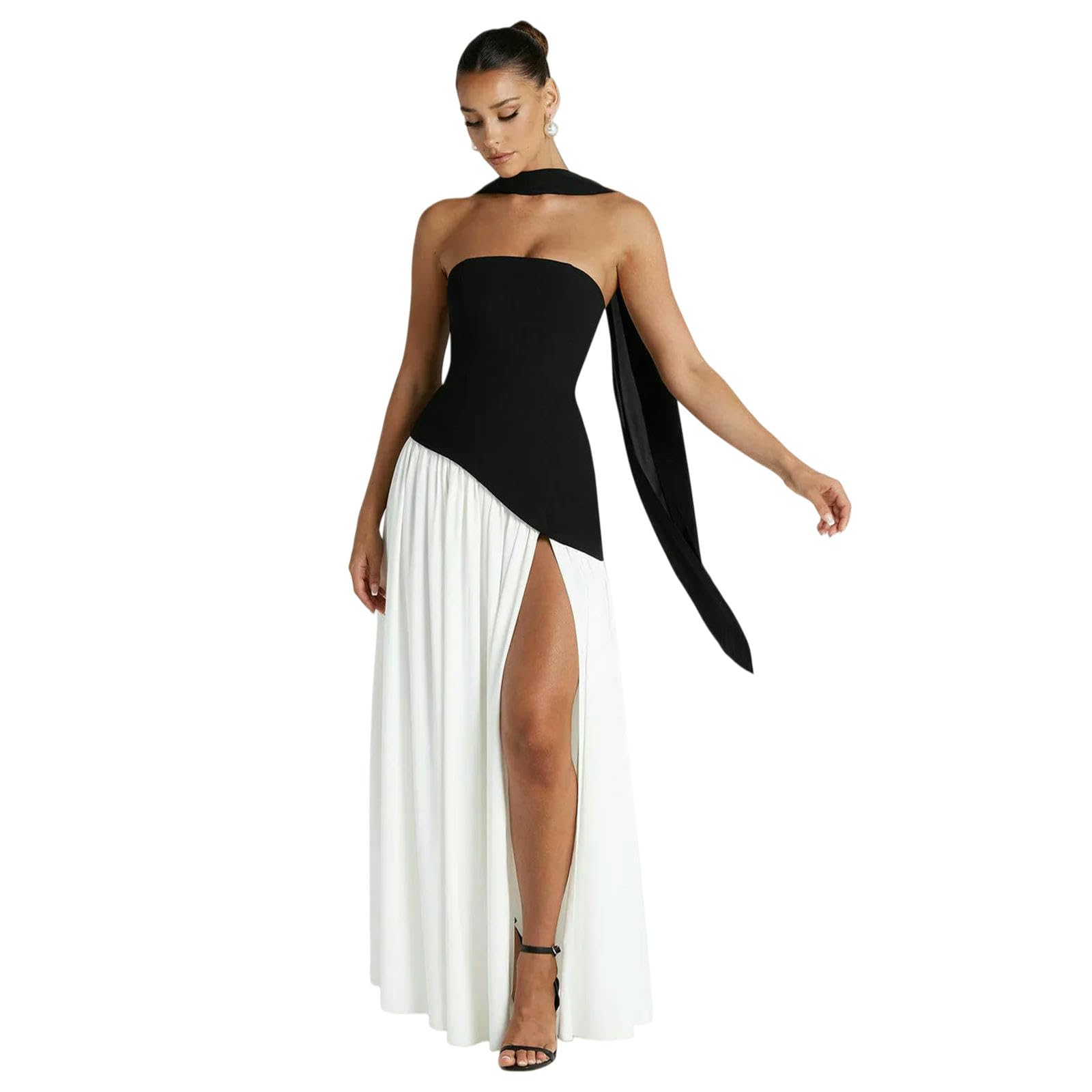 Abito Donna Invernale Lungo da Elegante Sciarpa Senza Spalline con Collo A Pieghe Sexy Sottile Schienale Corsetto Nastro Fessura Vita Estiva Pieghettata-10-s