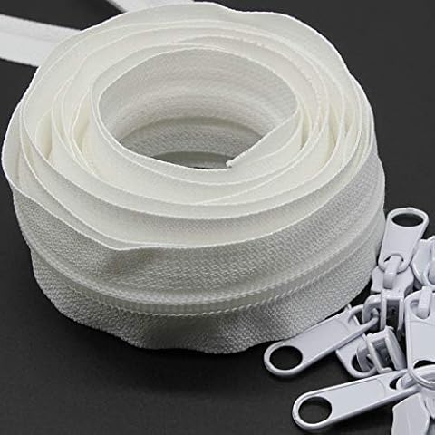 #5 White Nylon Coil Sewing Zippers by The Yard Bulk 10 Yards with 25pcs White Sliders for DIY Tailor Sewing Craft,Luggage,Dress,Sofa Cushion, Pillow, Bag Leekayer(White) Cover