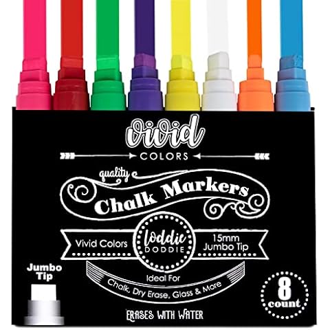 Loddie Doddie Jumbo Chalk Markers, 8 Neon Color Chalkboard Markers for Chalkboard Signs, Blackboard, Car Window & Bistro,15mm Chalk Markers Chisel Tip Erasable Ink Vivid Neon, Liquid Chalk Marker Pack Cover
