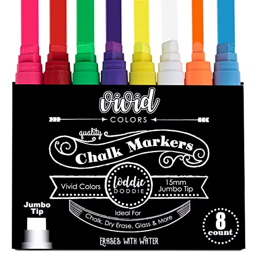 Loddie Doddie Jumbo Chalkboard Markers Pack - 8 Vivid Neon Colors - 15mm Chisel Tip - Erasable Liquid Ink for Signs, Blackboard, Car Window & Bistro - Neon Chalk Markers