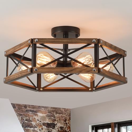 6-Light Large Rustic Farmhouse Wood Flush Mount Ceiling Light Fixture 20 inch Oak Wood and Metal Cage Semi Flush Mount Ceiling Light for Hallway Entry Dining Farmhouse Bedroom Living Room Black
