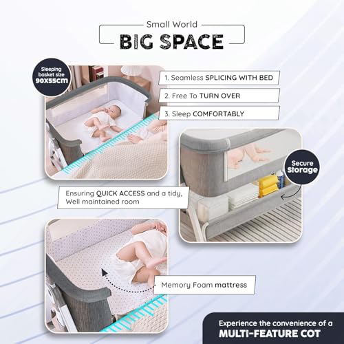 Image of Premium 6-in-1 Baby Bedside Cot, Crib, Cradle Portable All-Mesh Bassinet with Multi-Purpose Tray,Wheels, Storage Basket, and 6 Height Adjustments, for Newborns- Grey
