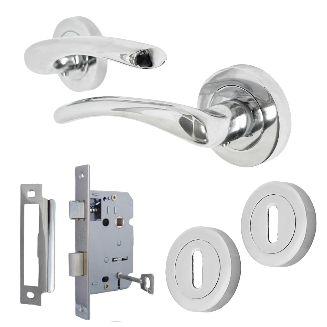 Epsom Door Handle Zena Polished Chrome Lever on Rose Internal Door Handles 1 4 or 6 Pairs Modern Chrome Door Handle Set with Optional 63mm Tubular Latches (1 Pair Handles Sash Lock Escutcheon)