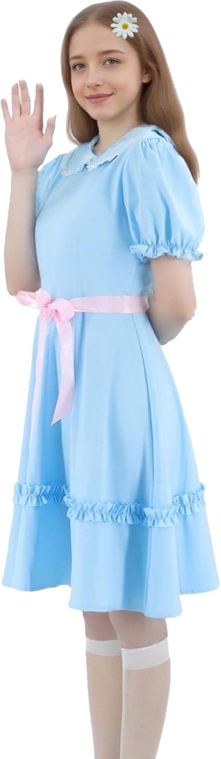 Grady Twins Costume Women Creepy Twin Sisters Dress Halloween Blue Puff Sleeves Cosplay Dress Daisy Hair Clip Set