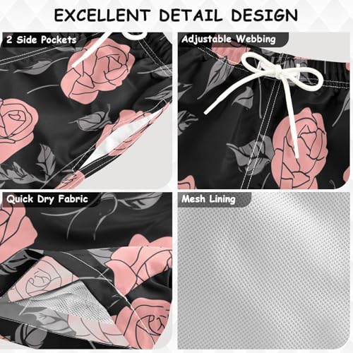 Boys Beach Board Shorts Rose Black Funny Flower Swim Trunk Teen Swimwear3