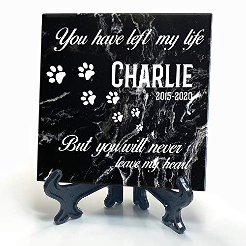 TULLUN Personalized Memorial Black Marble Stone Plaque + Stand for Pet Cat Dog Frame Paw Grave Marker - Paw Print - Size | 4