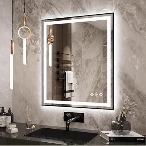 VanPokins Lighted Vanity Mirror, 30x36 Inch Black Framed Gradient Front and Backlit LED Bathroom Mirror, 3 Colors Dimmable CRI>90, IP54 Enhanced Anti-Fog Wall Mounted LED Mirror Cover