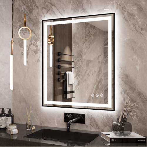 Lighted Vanity Mirror, 30x36 Inch Black Framed Gradient Front and...