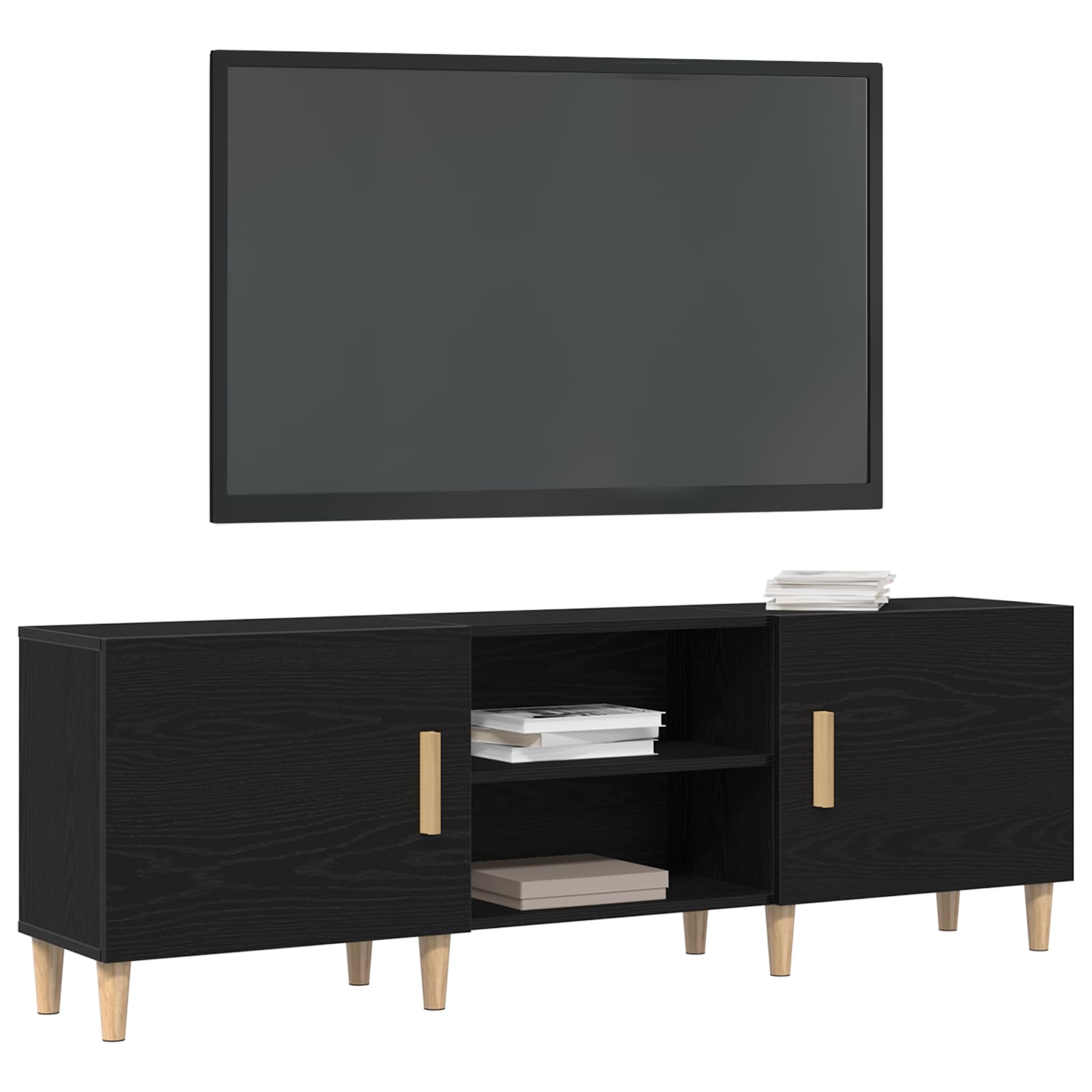 Mueble para TV de aspecto de roble negro, 150 x 30 x 50 cm, con espacio de almacenamiento, estantes y puertas con bisagras para sala de estar, cine en casa, juegos y almacenamiento multimedia