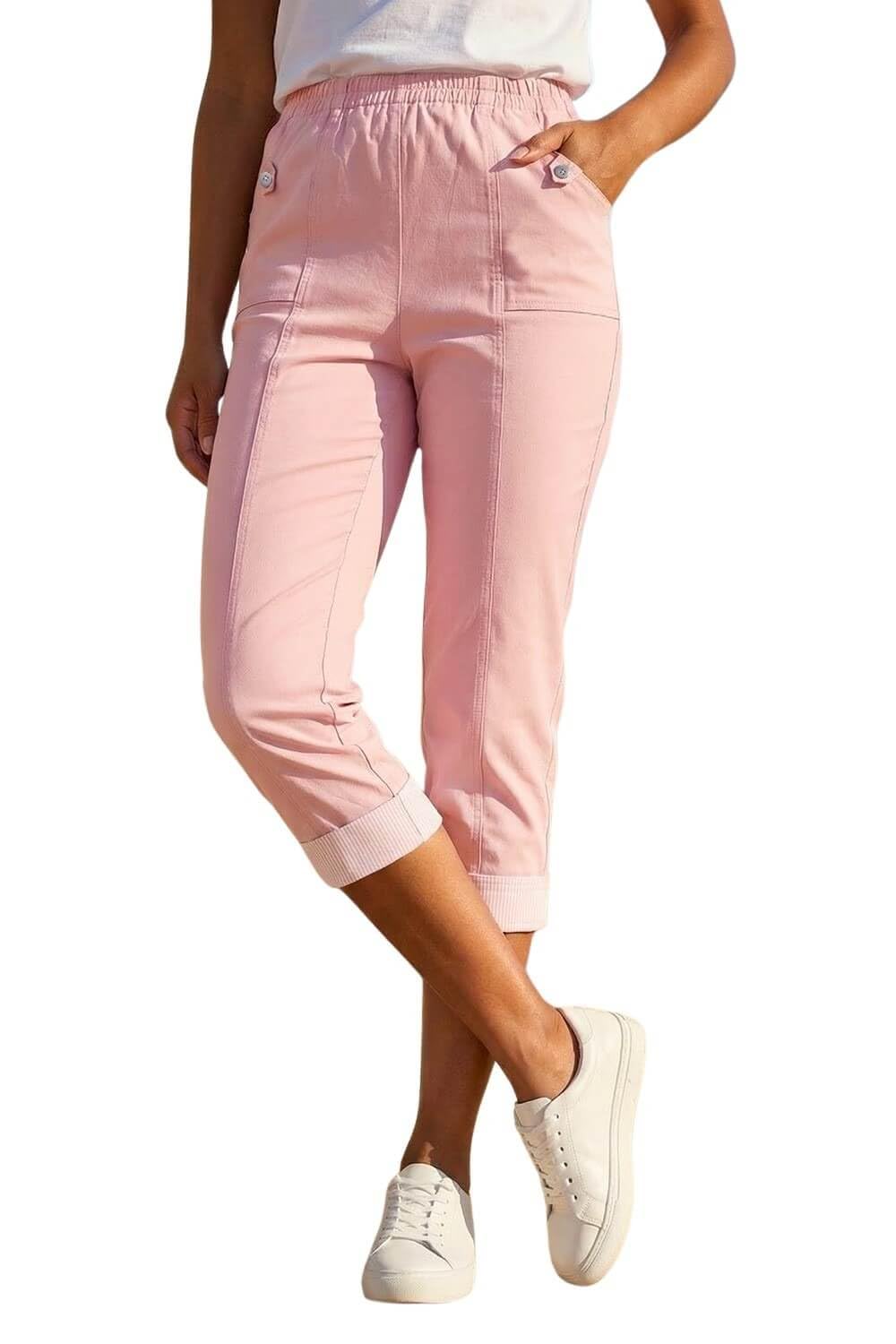 Roman Originals Women's Light Pink Roman Cropped Stretch Trouser For Uk - Capri Pants Summer Leggings 3/4 Three Quarter Pedal Pusher Elasticated Waist Cut Off Contrast Detail Pull On Work - Size 18