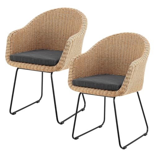Juskys Ensemble de 2 Fauteuils en Osier Cody avec Coussins - Chaise en Rotin d'Intérieur et d'Extérieur - Moderne et Naturelle - Supporte jusqu'à 100 kg