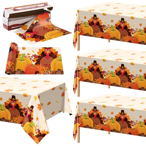Image of Kochorie 100 Ft x 54 Inch Fall Thanksgiving Turkey Tablecloth Roll with Cutter Box Waterproof Plastic Autumn Friendsgiving Maple Leaves Backdrop Table Cover for Autumn Thanksgiving Party Decor
