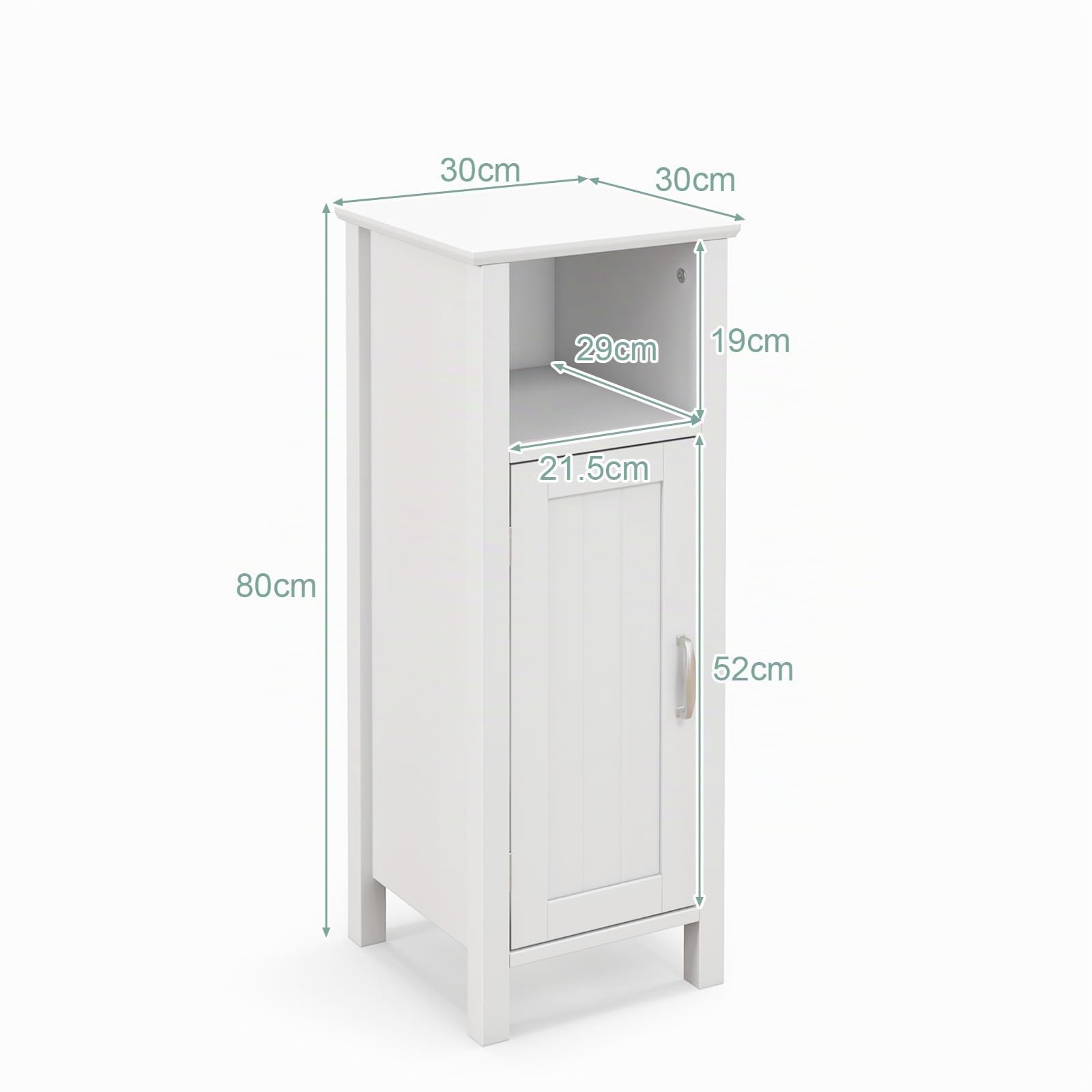 LIFEZEAL Armario de baño, 30 x 30 x 80 cm, Armario de Suelo Independiente con una Puerta y Compartimento Abierto, Estante Ajustable, Mueble de Esquina para baño, salón (Blanco)