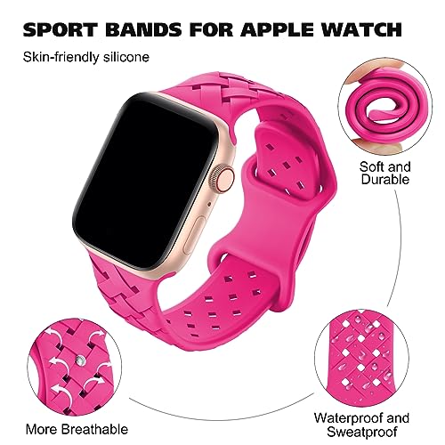 Image of Silicone Braided Weave Bands Compatible with Apple Watch 38mm 40mm 41mm 42mm 44mm 46mm 45mm 49mm, Replacement Sport Breathable Strap for iWatch Series 11 /10 /9 /8 /7 /6 /5 /4 /3 /2 /1 Ultra SE Women Men, Hot Pink