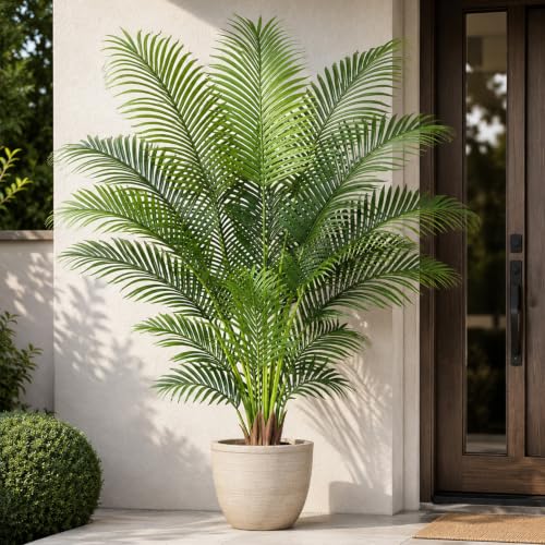 Image of Artificial Palm Tree 6.2ft Tall Fake Palm Tree Indoor Decor with 18 leaves and Real Bark Design Faux Tropical Areca Palm Silk Floor Plant in Pot for Home Office Living Room Bedroom Decor 1pcs