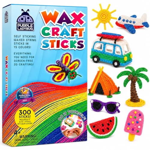 PURPLE LADYBUG 300 PCS Bendable Wax Craft Sticks in 2 Lengths - 6 and 12 Strips in 15 Colors Each Mess-Free Road Trip Activity for Kids Travel Toys for Car & Airplane for Kids Ages 4+