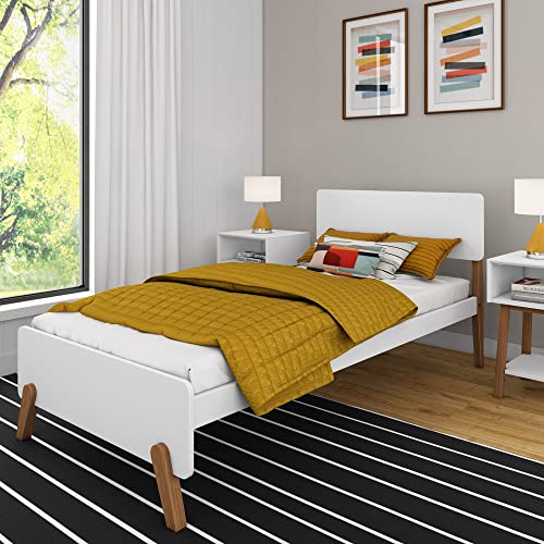 Max & Lily Twin Bed Frame, Mid-Century Modern Solid Wood Platform Bed for Kids, Strong Wood Slat Support, No Box Spring Needed, White/Pecan