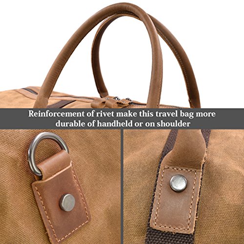 Travel Duffel Bag Waterproof Canvas Overnight Bag Leather Weekend Oversized Carryon Handbag Brown