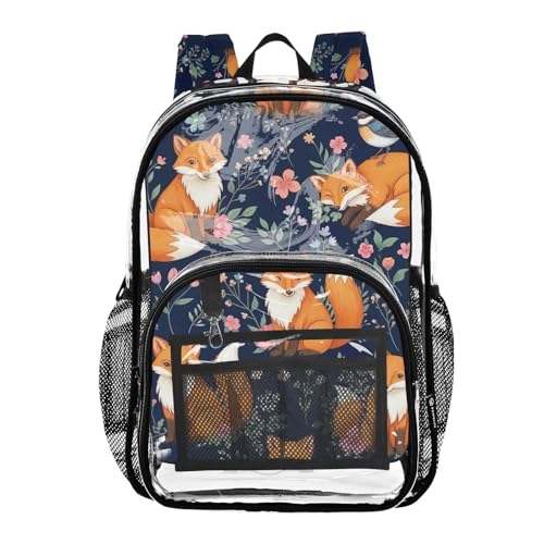 Cute Orange Foxes Colorful Floral Clear Backpack for Women Boys Backpacks for Girls Large Plastic Approved Bag