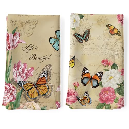 Arquiel 2 Piezas Paños de Cocina Mariposa Algodón Toallas de Cocina Planta Floral y Absorbentes Toallas de té y Toallas de Barra, 48 x 70 CM