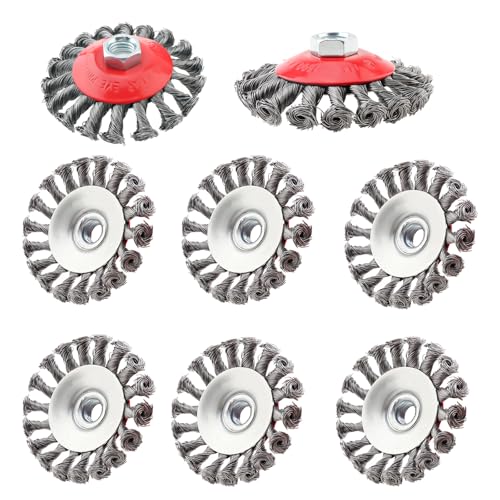 Image of ChgImposs Wire Wheel 8 Pack 4 Inch Angle Grinder Wire Brush with 5 /8 Inch Threaded Arbor Suitable for 4 1 /2 Angle Grinder， Coarse Crimped Twisted Knotted Cup Brush for Rust and Paint Removal