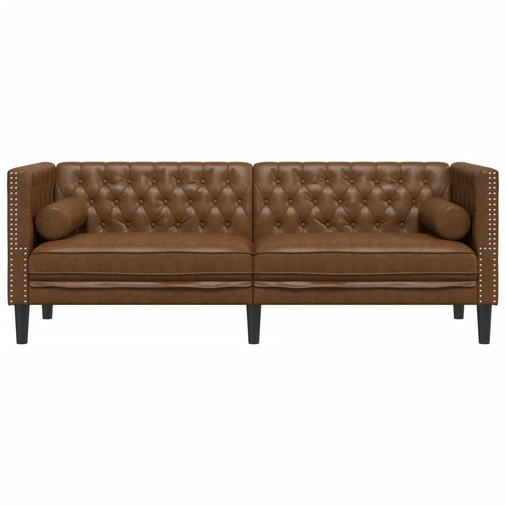 Quoril Canapé Chesterfield 3 places marron en cuir synthétique aspect daim avec fonction couchage et espace de rangement, gain de place, confortable, salon, chambre d'amis, ottoman, chaise longue