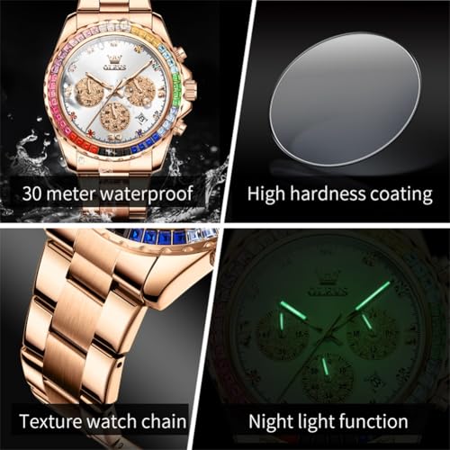 Image of OLEVS Watch for Men Luxury Gold Diamond Chronograph Business Wristwatch with Analog Quartz, Date Calendar, Stainless Steel Band, Luminous Hands, Waterproof