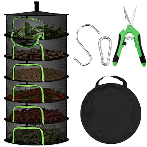 Coloch 6 Layer Herb Drying Rack with Zipper, Foldable Food Drying Net Collapsible Hanging Seed Drying Mesh with Garden Shear, Hook, Bag, for Plant, Seed, Bud, Fruit, Food, 23.6”x47”