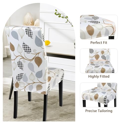 Image of SearchI Dining Room Chair Covers Set of 4, Stretch Printed Floral Parsons Chair Slipcovers Removable Washable Kitchen Chair Protector Cover for Dining Room, Hotel, Ceremony (Checked Leaf Pattern)