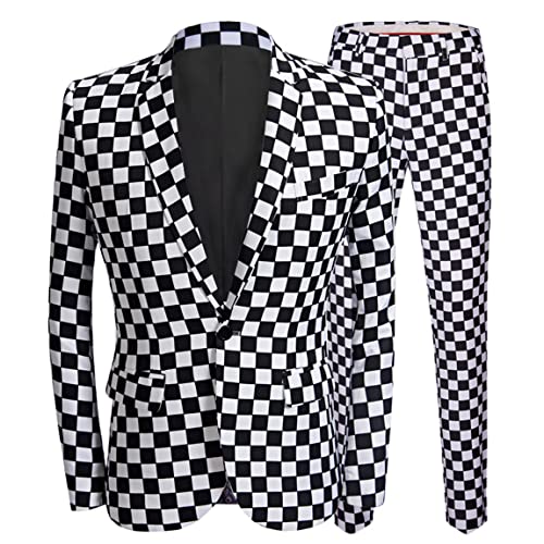 Men's One Button Suit Black and White Checkerboard Back Vent for Dinner Prom Jacket Pants