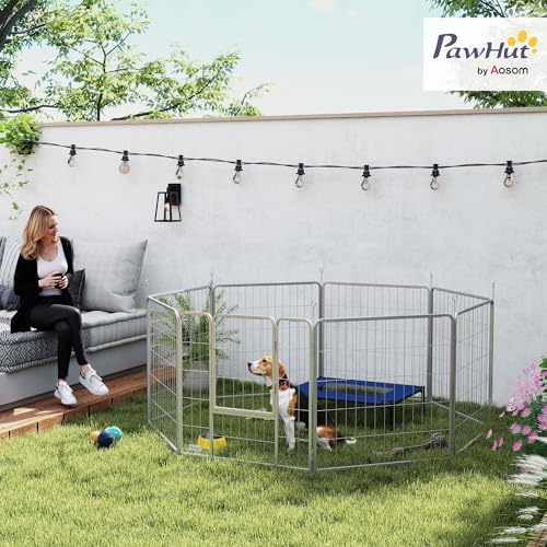 PawHut Welpenlaufstall 8-TLG Welpenauslauf mit 8 Gitterplatten Tür Erdspießen flexibel Schutzplane Freilaufgehege 80 cm hoch Hundelaufstall Laufstall Für Hund Katze Welpe Laufgitter für draußen