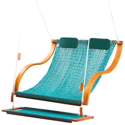 Image of SANIWERKE Porch Swing for 2, Double Hammock Swing with Footrest & S-Armrest, Adjustable Hanging, Durable Rope Net&Thick Wood, 650LBS, 50 inch Wide, Luxe Reclining Duo Swing for Patio Porch(Honey Meadow)