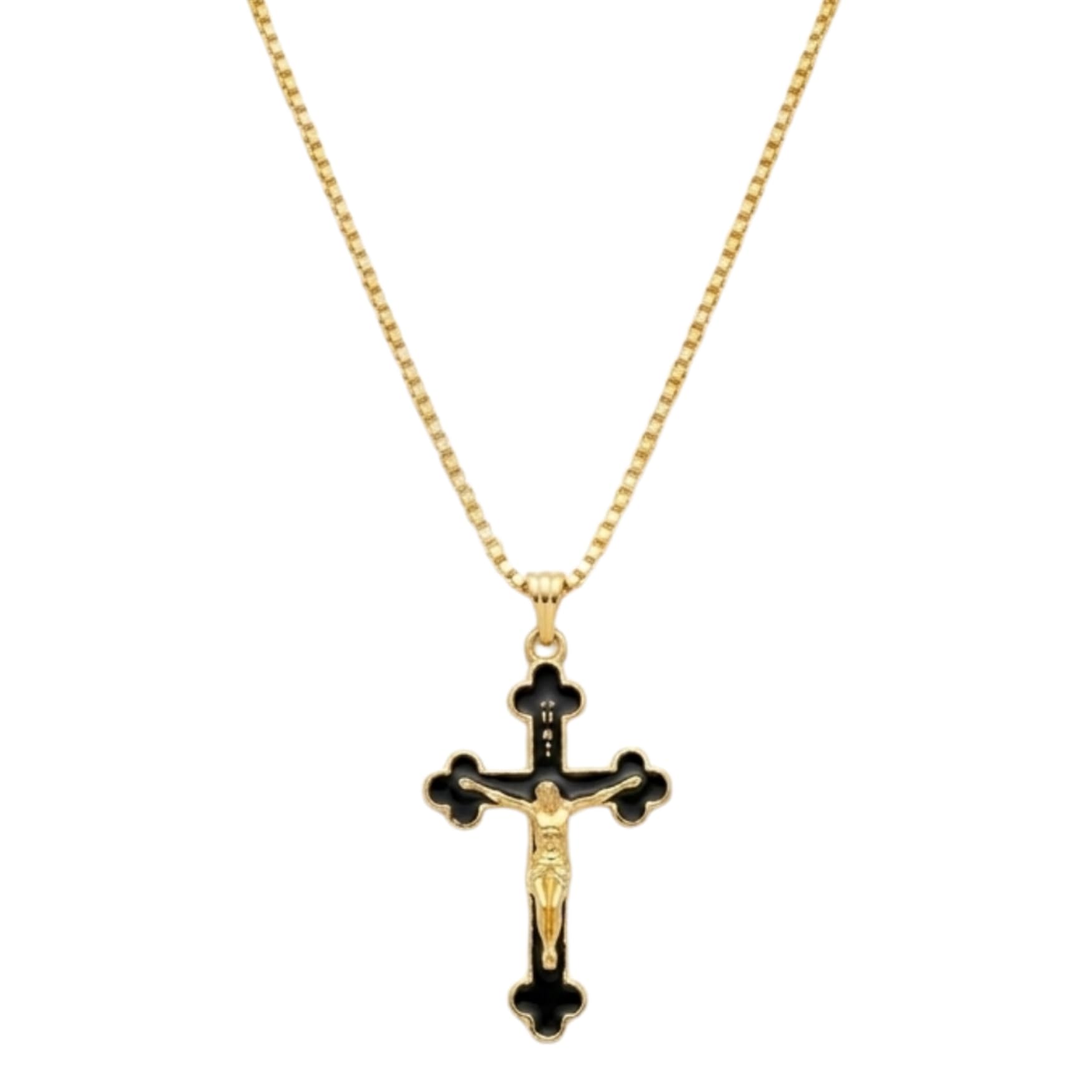 Gold Plated Jesus Christ Crucifix Pendant Necklace for Men and Women Black Enamel Christian Cross Locket with Box Chain | Religious Spiritual Fashion Jewellery for Boys & Girls-image-30