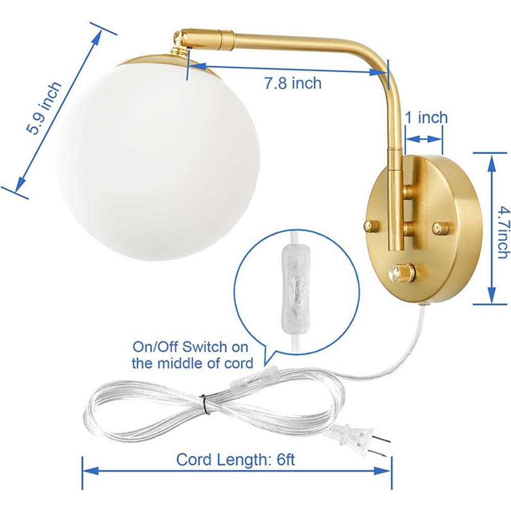 Szklana lampa ścienna LED Ściemnialna z przełącznikiem Lampa ścienna Złota, regulowana metalowa lampka nocna w środku z wtyczką i kablem Lampa ścienna do czytania w stylu vintage w stylu industrialnym