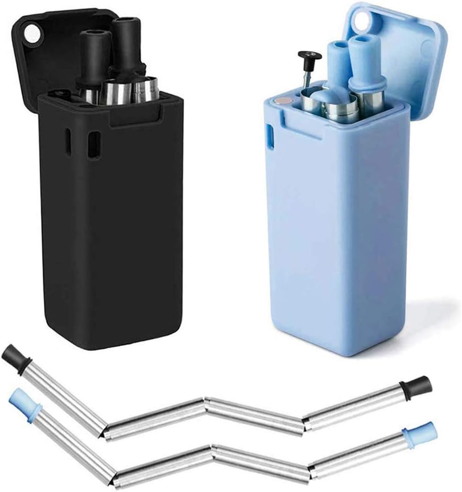 2 Pack Reusable Straws, Metal Drinking Straws, Save the Turtles straw, Food-Grade Portable Stainless Steel Straw, Folding Drinking Straws with Case Cleaning Brush for Party Travel Outdoor