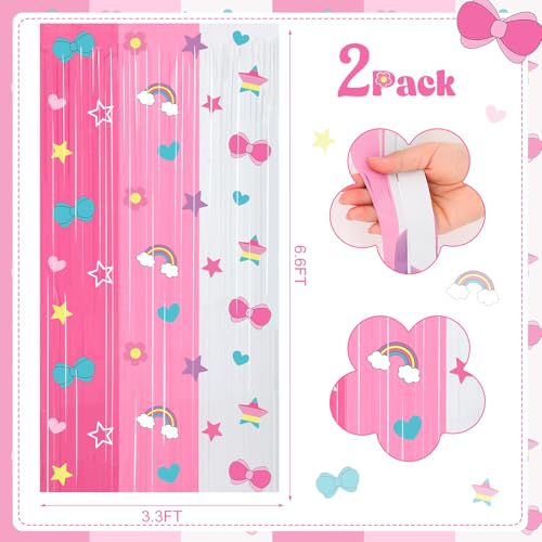 Image of Tiamon 2 Pack Kitty Party Decorations 3.3 x 6.6 Ft Foil Fringe Curtains Cartoon Cat Bow Rainbow Birthday Backdrop Tinsel Streamers Photo Booth for Kawaii Theme Baby Shower Party Supplies