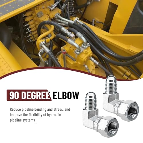 Image of 90 Elbow Hydraulic Fitting: 1 /4 inch JIC Male x 1 /4 inch JIC Female | 5 Pack Carbon Steel Hydraulic Hose Swivel Crimp Adapters with Protective Cover for Hydraulic Assembly System - 6500-04-04