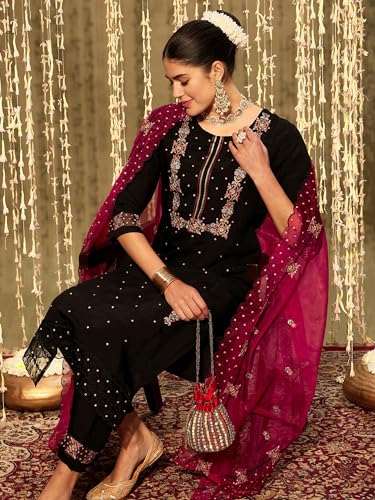 Image of INDO ERA Women's Cotton Blend Embroidered Straight Kurta & Pant with Dupatta Set