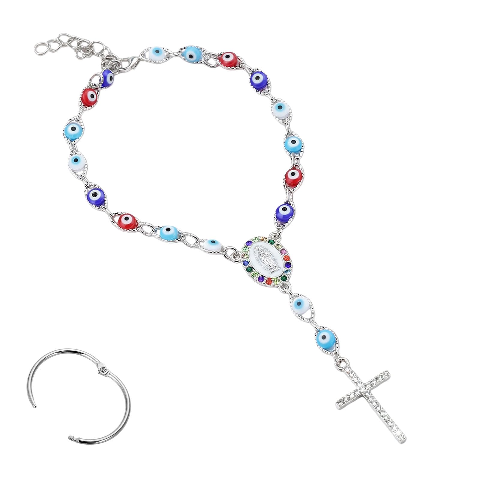 Car Rosary for Rearview Mirror Silver Evil Eye Rearview Mirror Auto Rosary Beads Car Medal and Cross Hanging