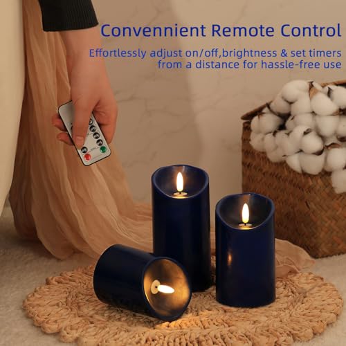 Image of Navy Blue Flameless Candles with Remote Timer, Real Wax LED Candles Flickering, 3D Wick Fake Candles Candles Battery Operated for Home Living Room Wedding Party Gifts, Navy Blue Decor, Set of 3