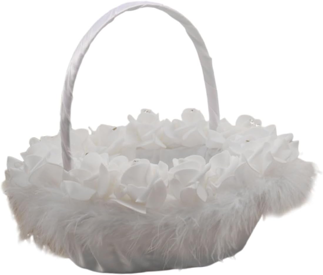 DOITOOL Wedding Flower Basket White Handheld Basket for Bride Wedding Ceremony Elegant Flower Holder with Satin Handle Party Supplies