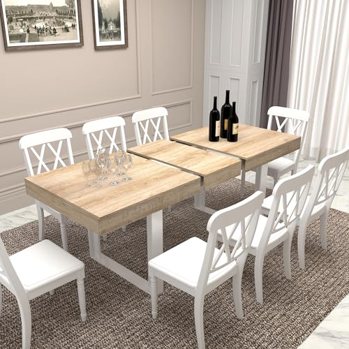 Image of 78.74 inch Extendable Dining Table for 6 8 10 Person, Farmhouse Expandable Dining Table Large Rectangle Wooden Expanding Table with White Legs for Kitchen Dining Room Conference Small Space, Oak