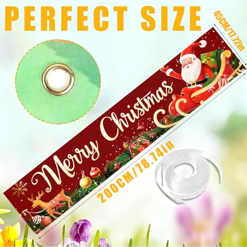 Image of Christmas Sleigh Outdoor Banner 78.7 x 17.7 Inch Santa with Gifts and Reindeer on Red Background Festive Holiday Decoration for Yard Garden Fence Porch or Patio Display