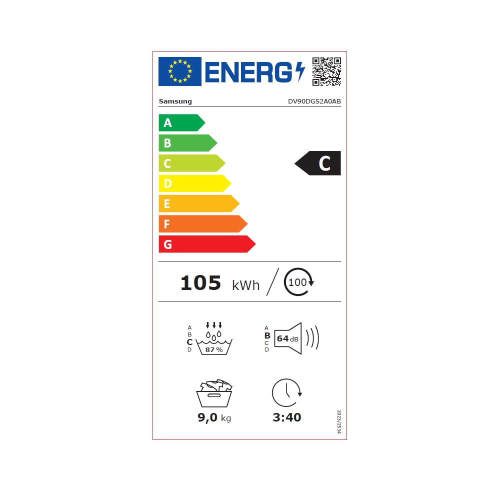Samsung Secadora Bomba de calor 9Kg Clase C Negra DV90DG52A0ABEC | Ahorra hasta un 20% de energía gracias a la inteligencia artificial, Secado Automático OptimalDry, Puerta Reversible